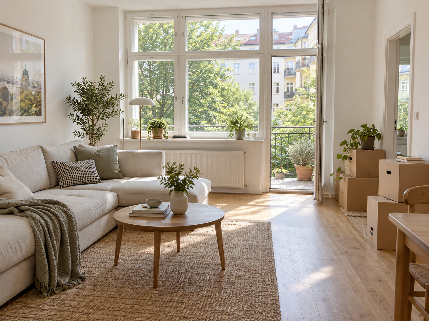 Heller moderner Wohnraum mit Sofa, Holzboden und großen Fenstern